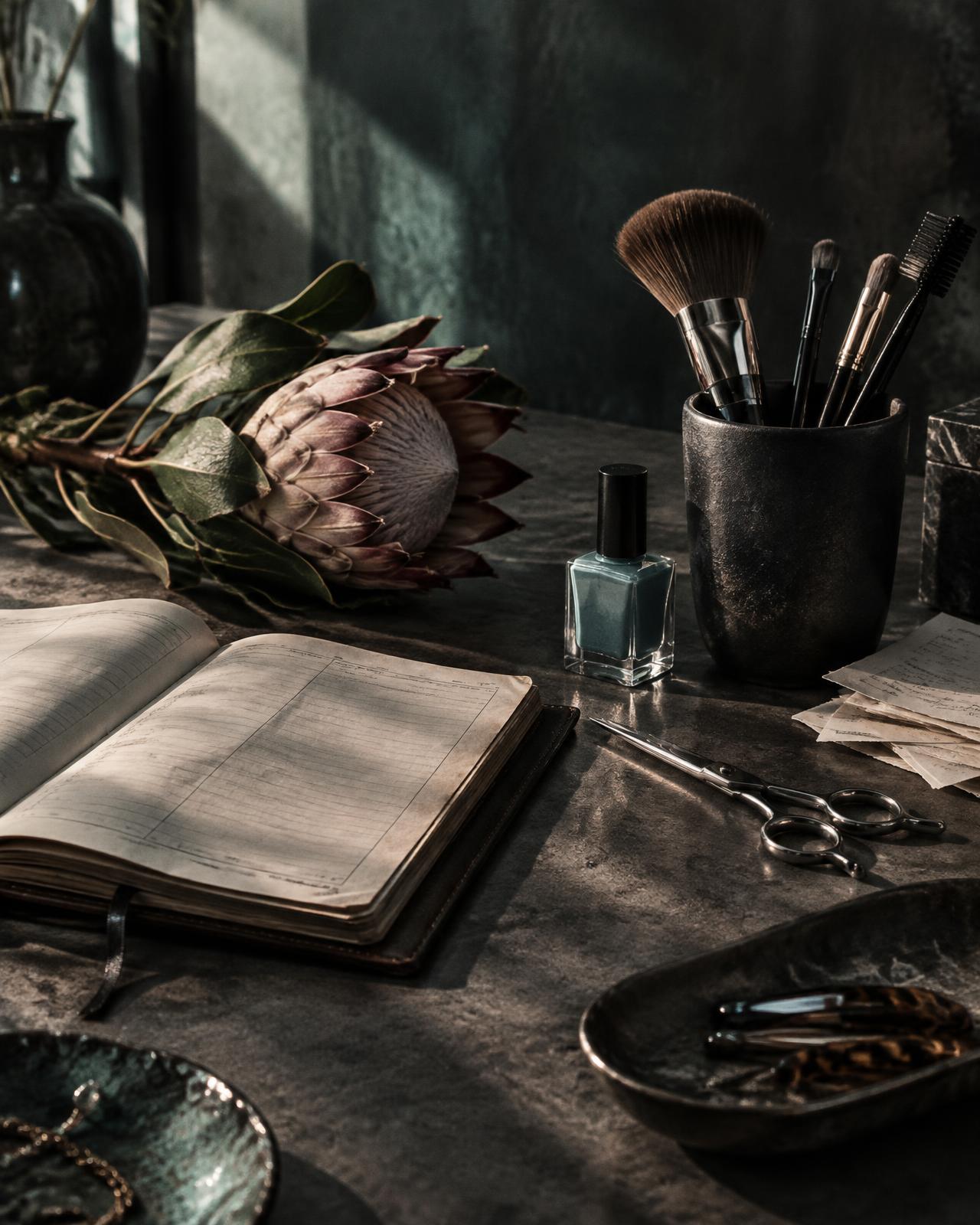 Beauty tools, an appointment book and a protea arranged in a dark studio