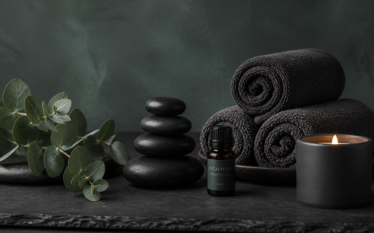Spa treatment setting with stacked black hot stones, rolled charcoal towels, a lit candle, eucalyptus sprig and a bottle of essential oil on dark slate